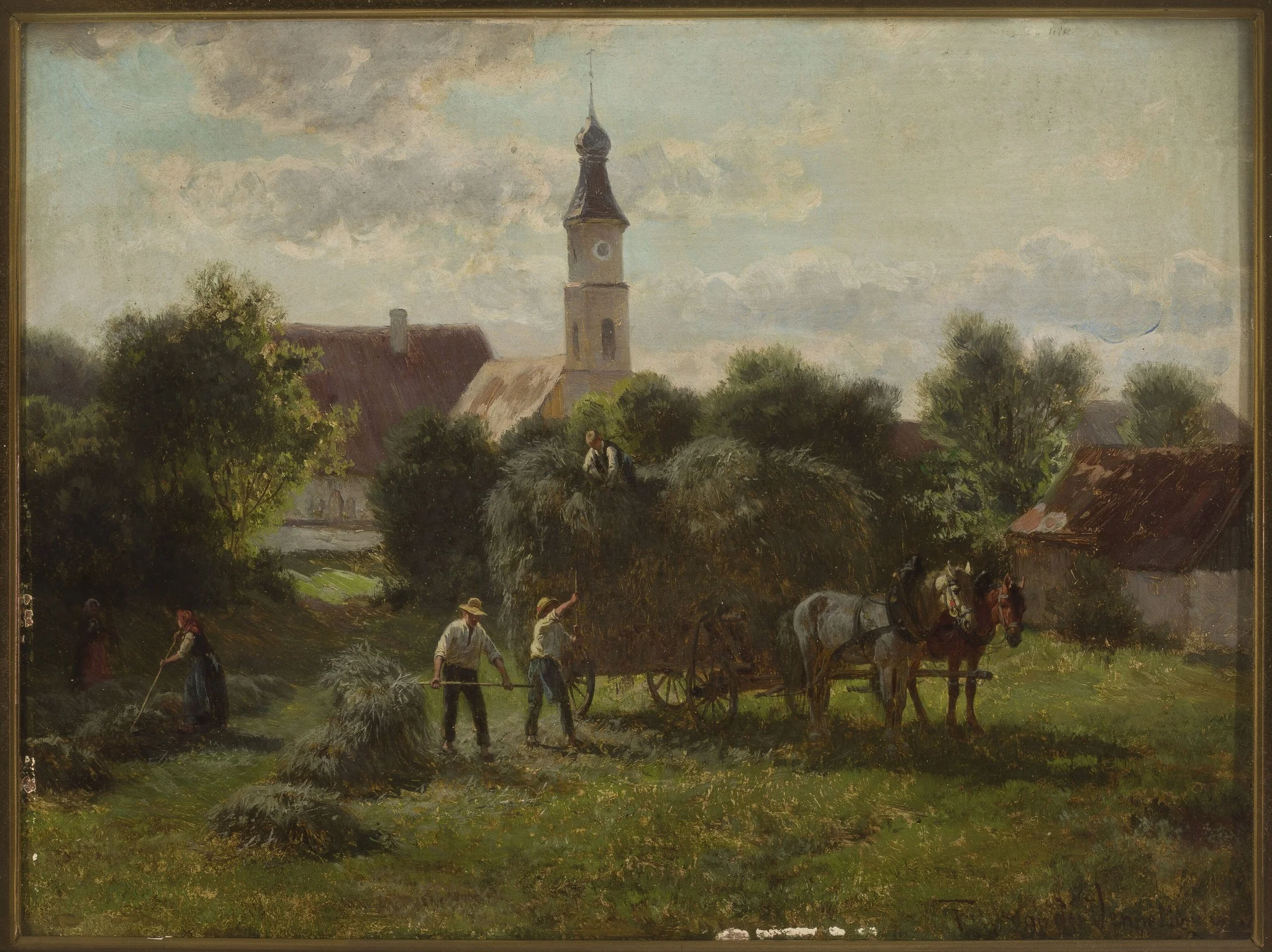 Carting hay with a view of the village and the church, detail