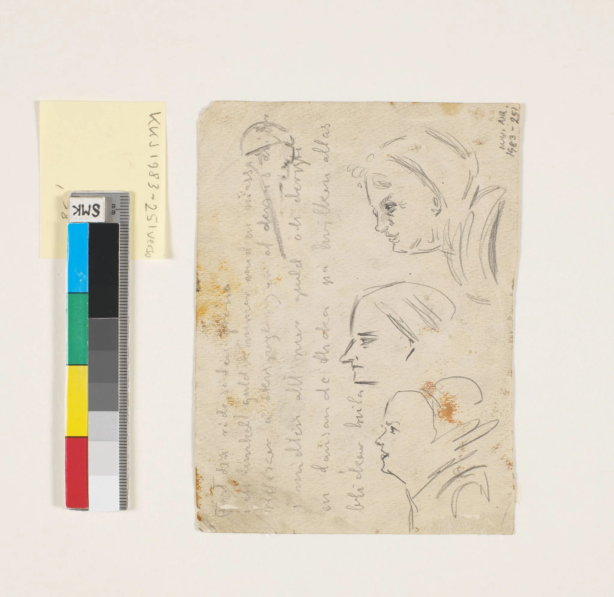 Studier af hoveder samt notat, detail