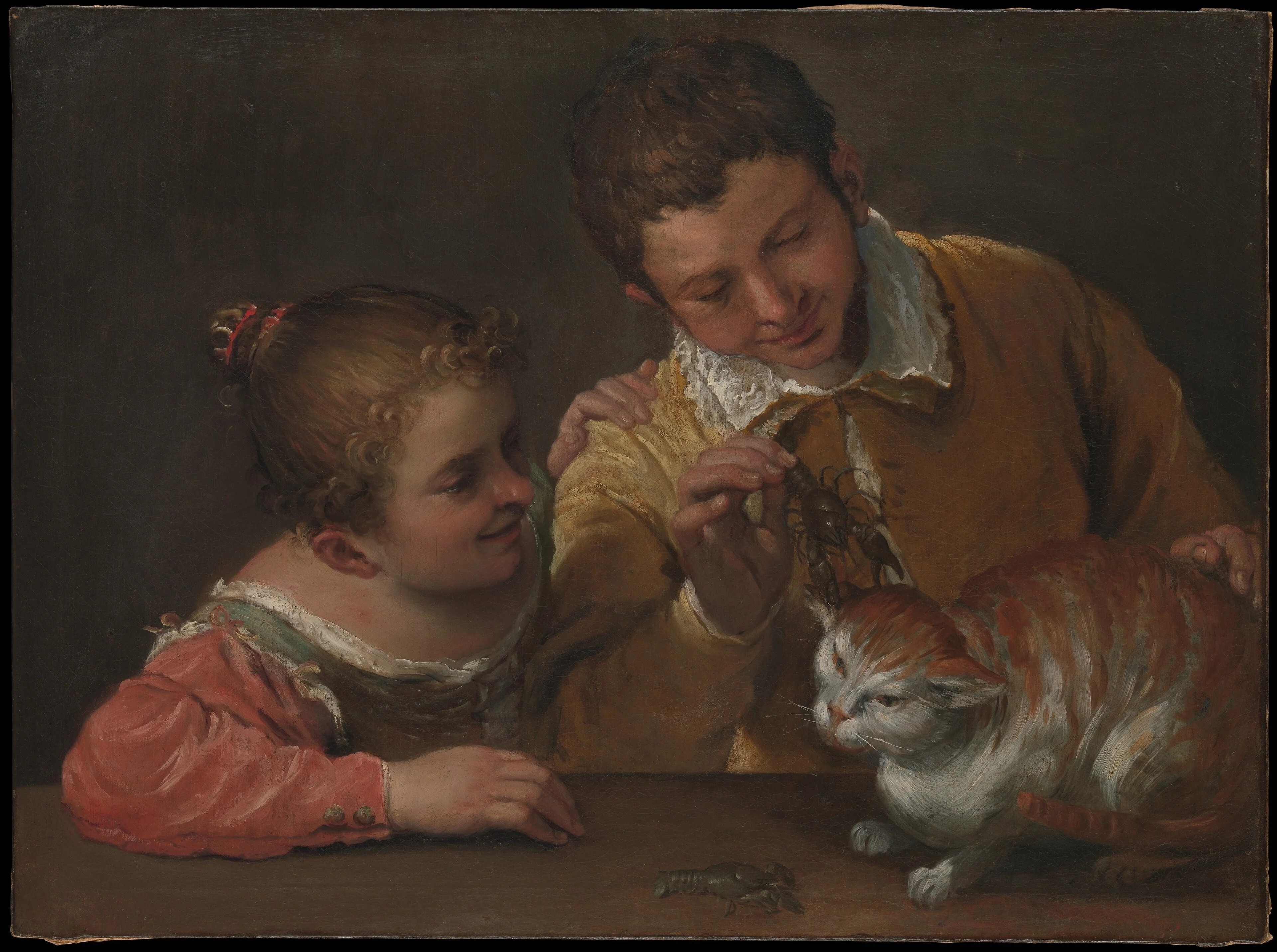 Two children teasing a cat, detail