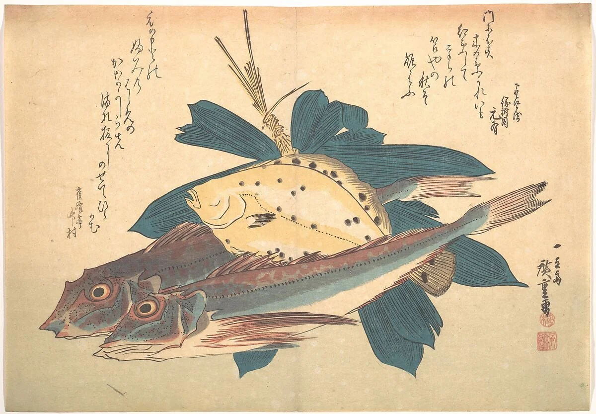 魚づくし かれい かながしらに笹|Kanagashira and Karei Fish, from the series Uozukushi (Every Variety of Fish), detail