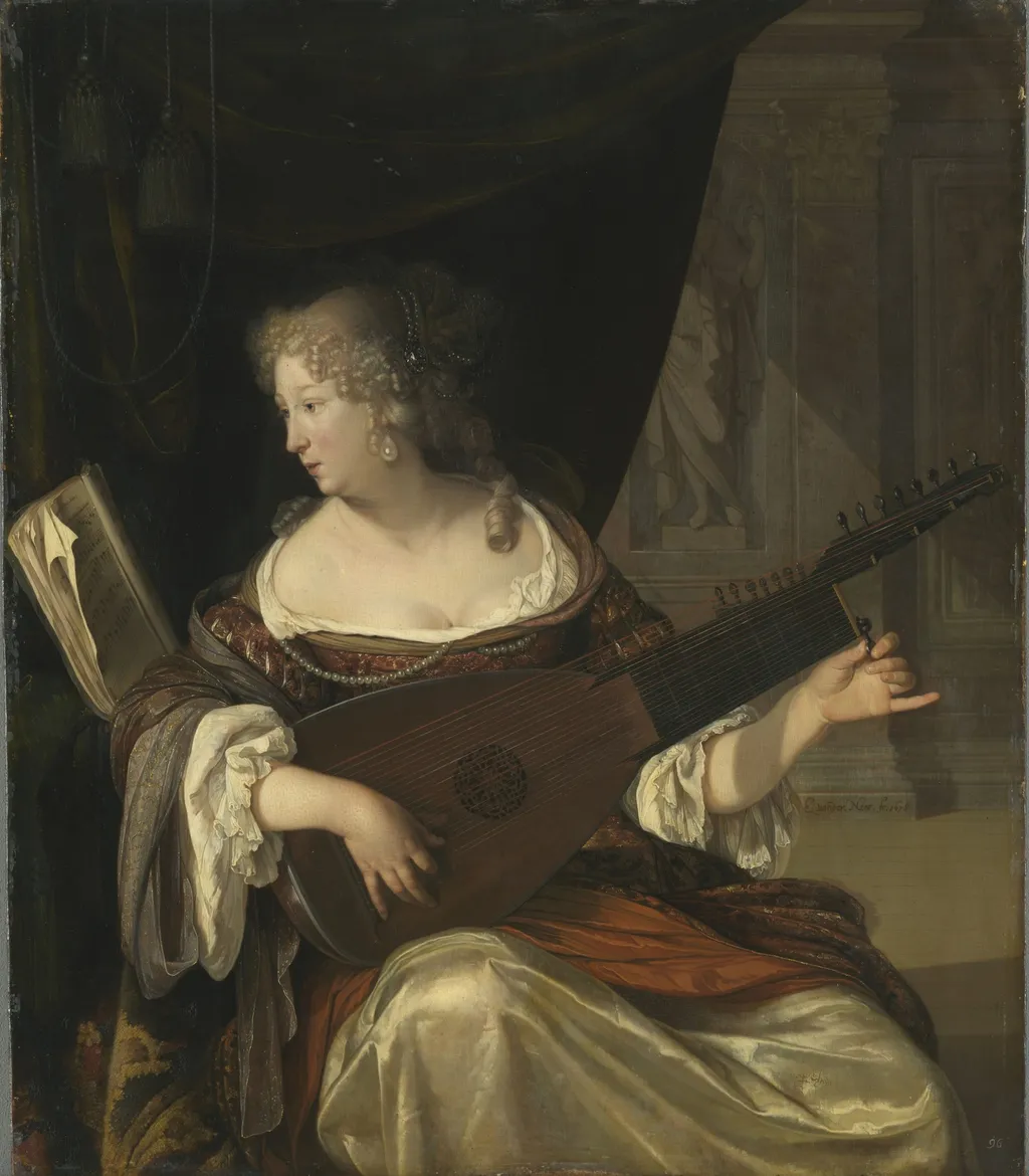 A Lady Tuning a Theorbo, by Eglon van der Neer, oil, 1690
