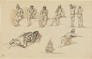 Eight Studies of Figures and a Ship at Sea, by Joseph Vernet, ink, 1752