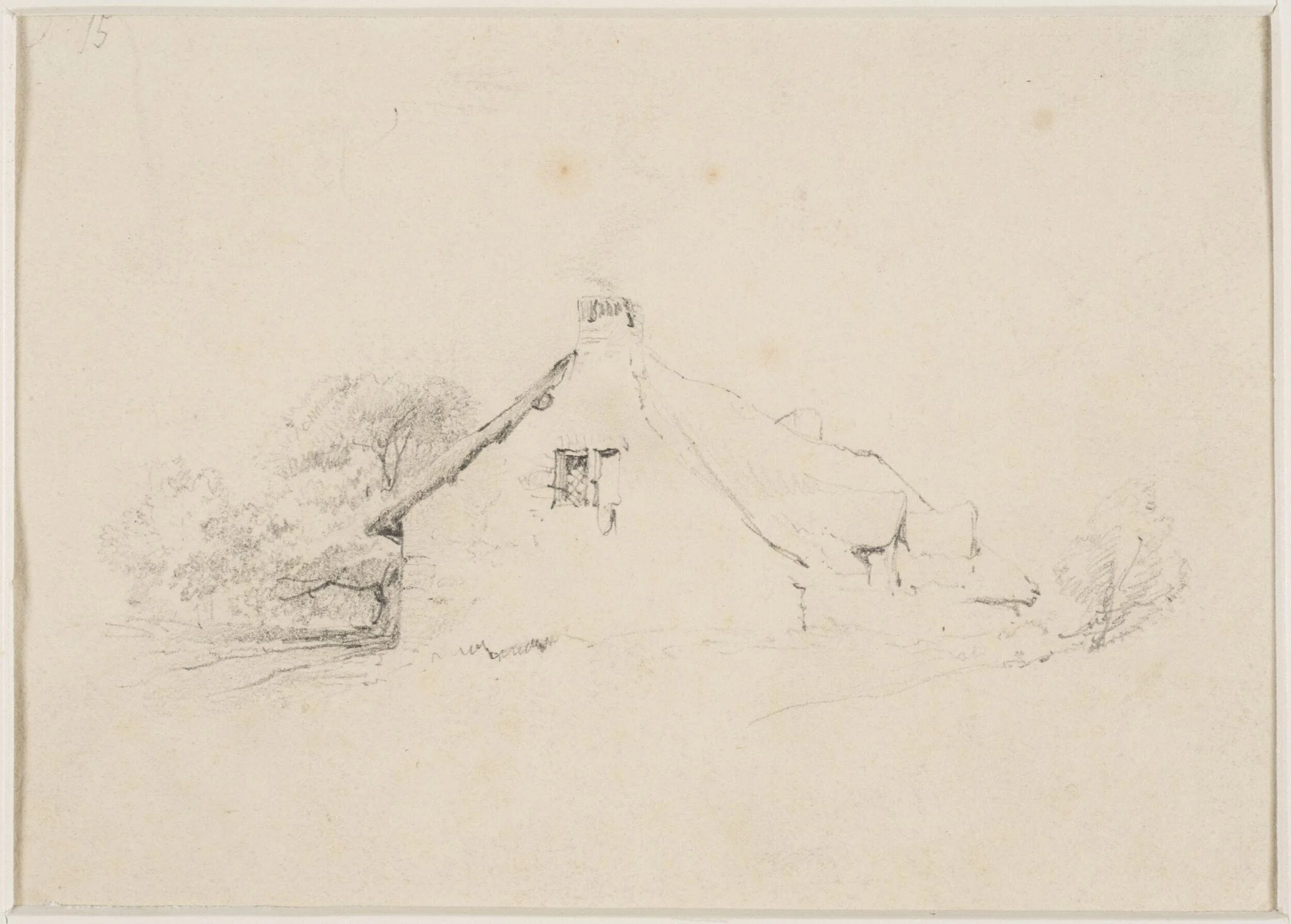 A cottage with trees, detail
