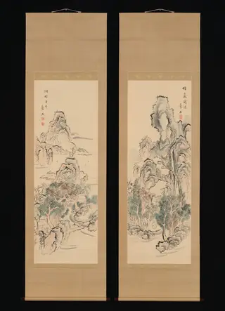 Fantastic Rocks with Cascading Waterfall; Fishing Boats by a Lake Hamlet, by Aiseki, unspecified, 1824