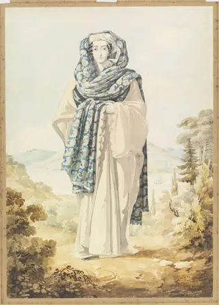 A Woman in Greek Dress, the Bosphorus in the background, by William Page, watercolor, 1818