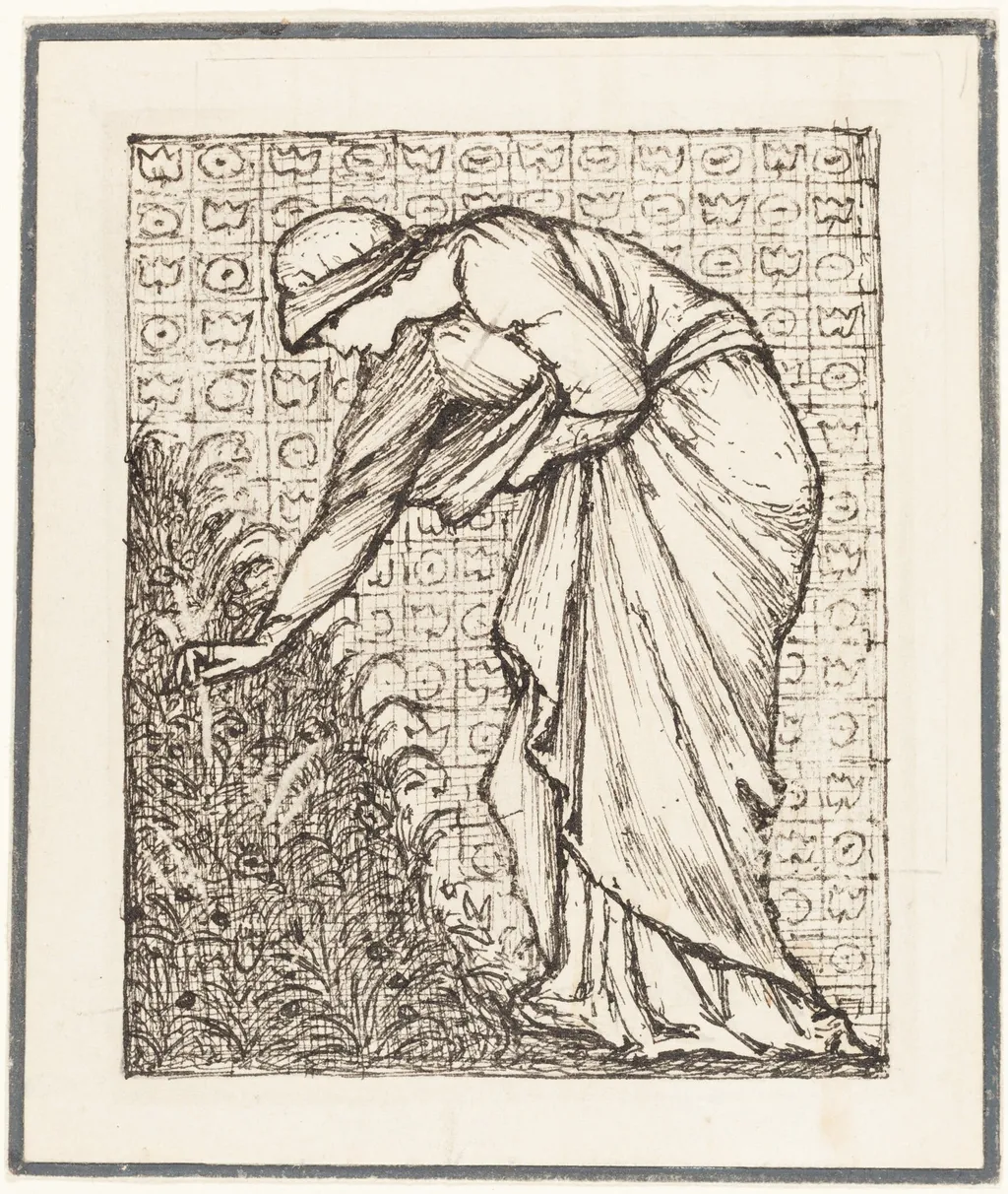 Lady Picking Flowers, by Edward Coley, Sir Burne-Jones, ink, 1890