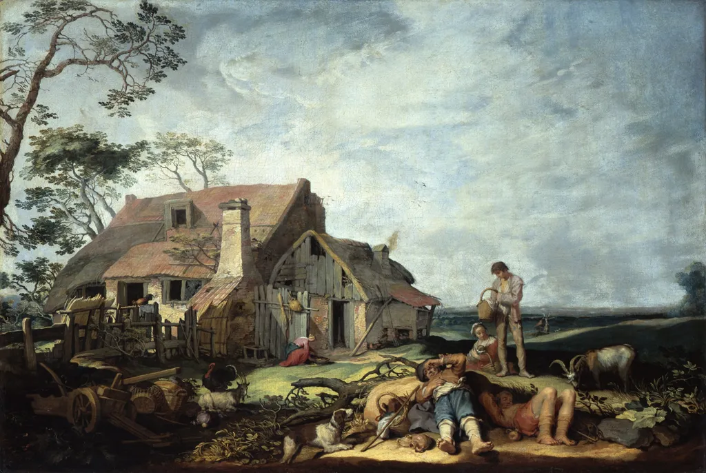 Landscape with farmstead, peasants and the exodus of Tobias with the angel, by Abraham Bloemaert, oil, 1630