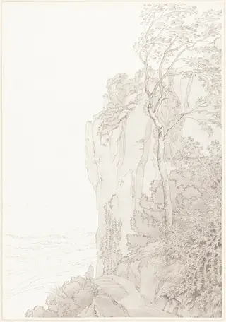 Sheer Cliffs above a Coastal Road, by John White Abbott, ink, 1810