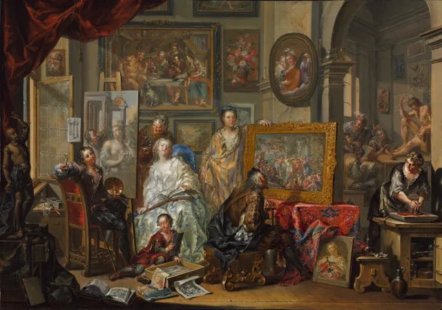 Johann Georg Platzer, The Artist's Studio, oil on copper. The painter, in a fur-lined robe, holds a canvas up for a visiting connoisseur's inspection.