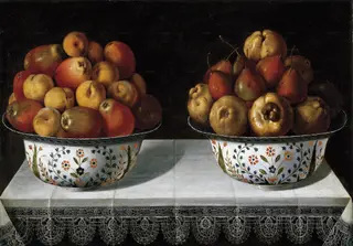 Two Fruit Bowls on a table, by Tomás Yepes, oil, 1642