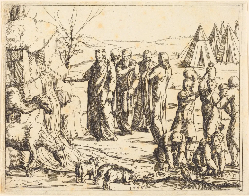 Moses Striking the Rock, by Augustin Hirschvogel, ink, 1528