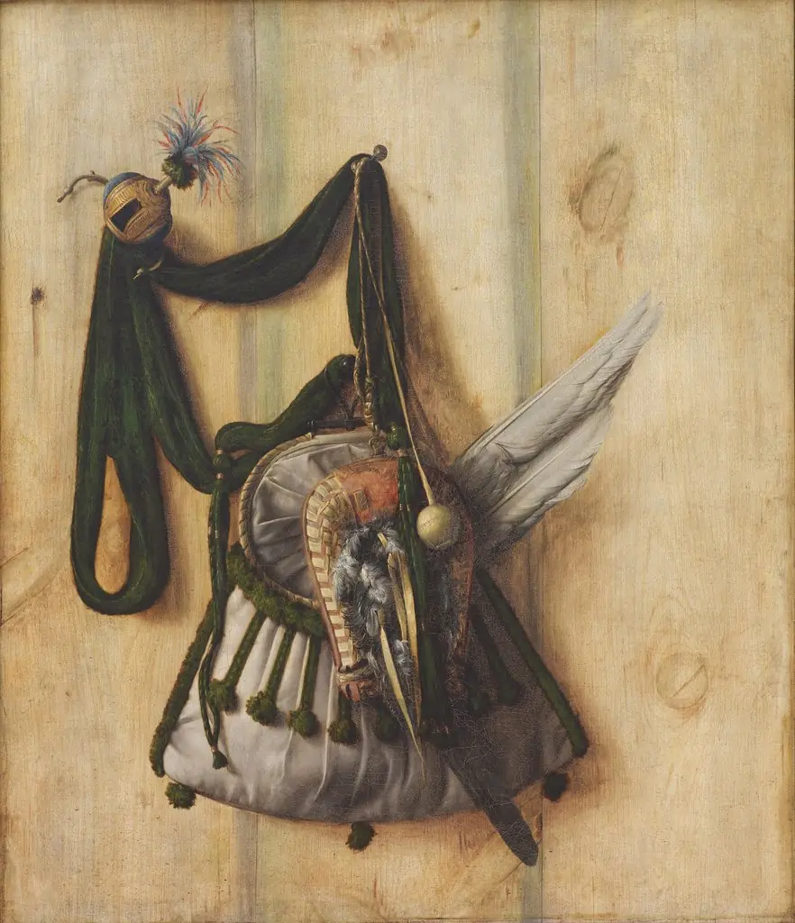 Trompe l'Oeil with Falconer's Bag and other Equipment for Falconry, by Cornelis Norbertus Gijsbrechts, oil, 1671