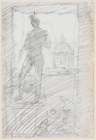 Statue of a Nude before a Window View, by Hubert Robert, chalk, 1760