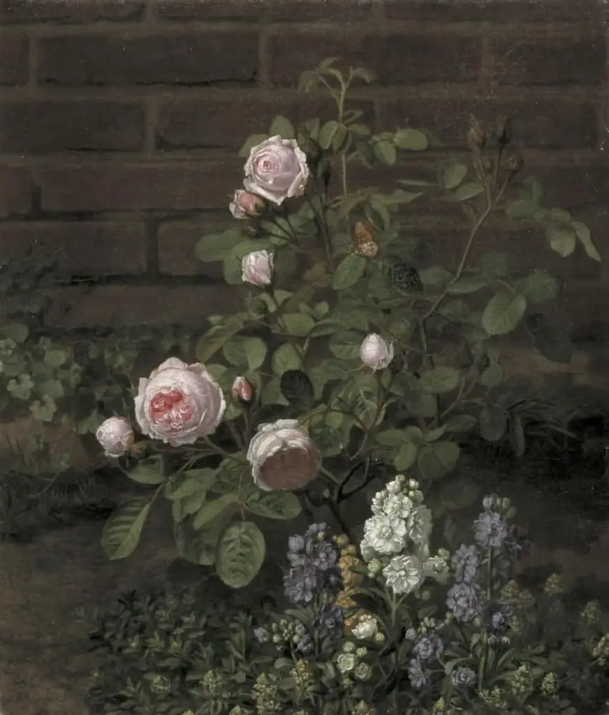 Et mosrosetræ omgivet af sommerblomster, by O.D. Ottesen, oil, 1864