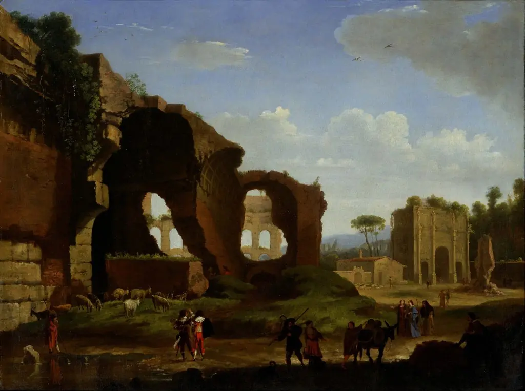 A Roman View of the Ruins of the Temple of Venus and Rome with the Colosseum and the Arch of Constantine, by Herman van Swanevelt, oil, 1634