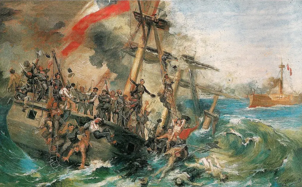 Hundimiento de la Esmeralda con sus tripulantes en el Combate Naval de Iquique, by Nicolás Guzmán Bustamante, oil, 1892