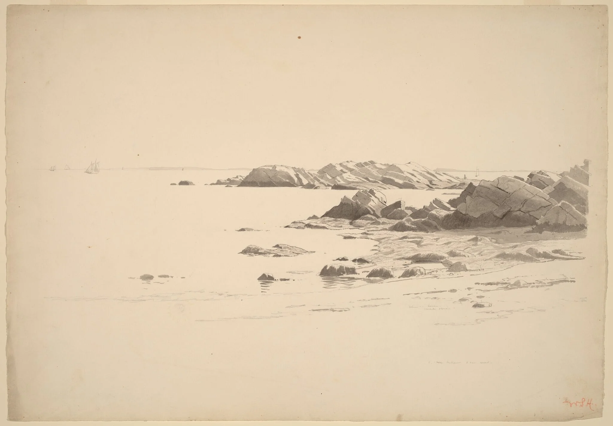 Rocklined Beach with Distant Boats, detail