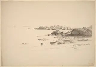 Rocklined Beach with Distant Boats, by William Stanley Haseltine, ink, 1864