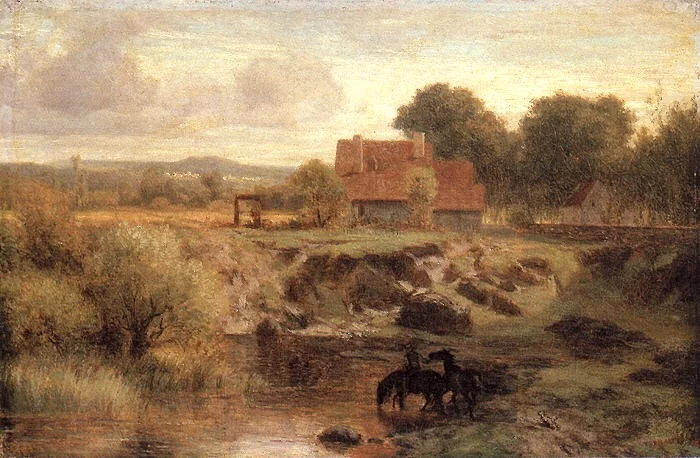 Dorflandschaft mit Pferdeschwemme in der Ile de France, detail