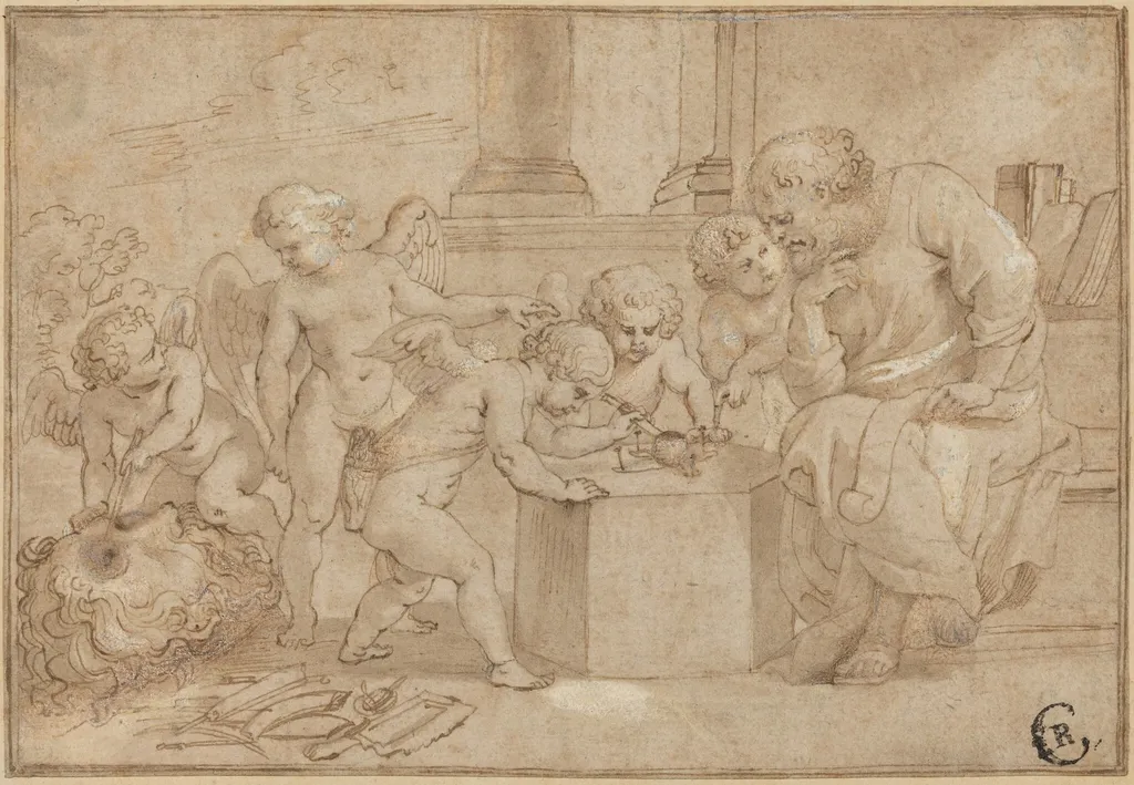 Elderly Man Watching Putti Dissect an Eye, by Peter Paul Rubens, chalk, 1613