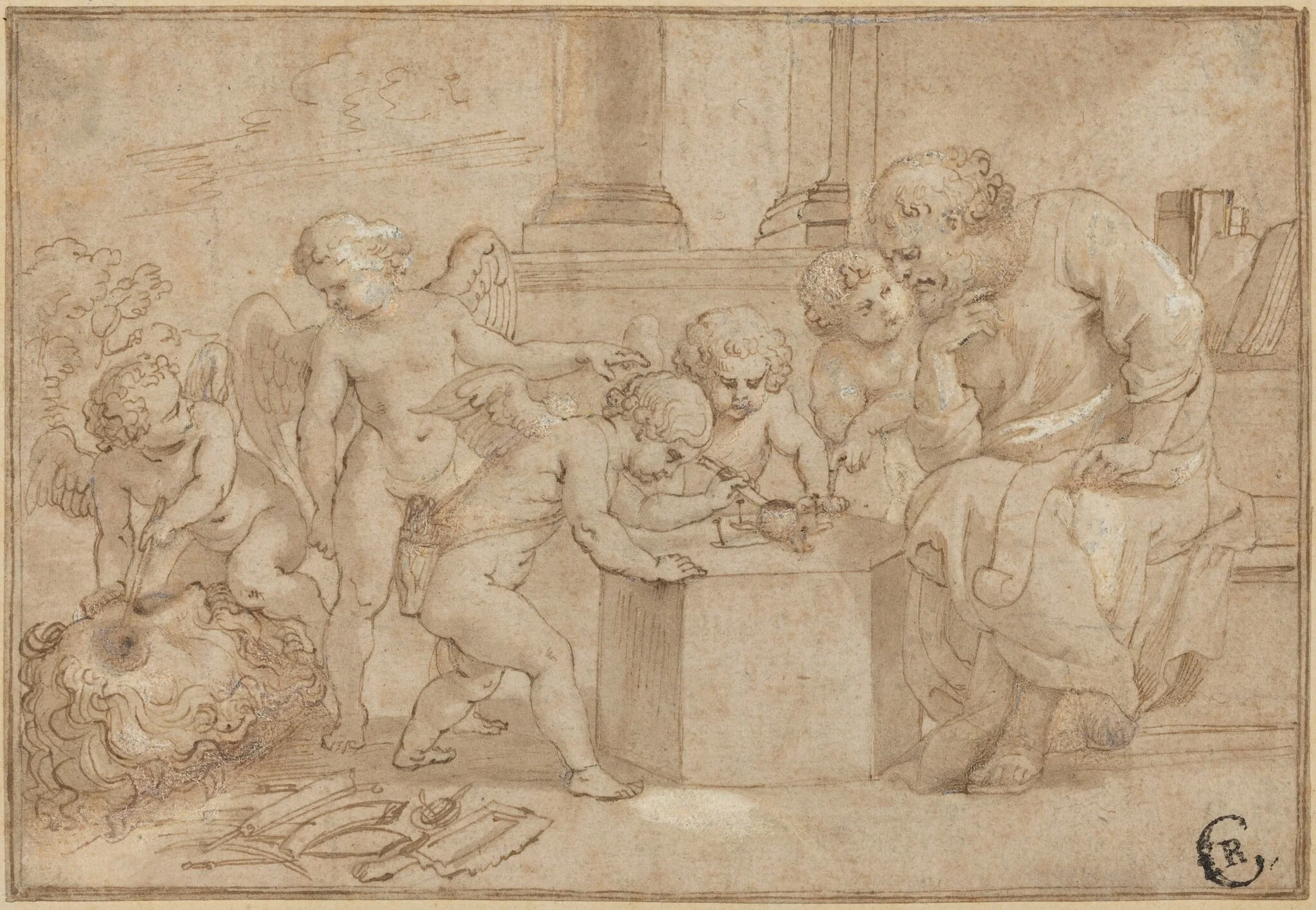 Elderly Man Watching Putti Dissect an Eye, detail