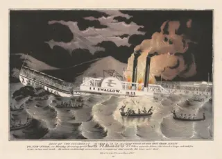 Loss of the Steamboat Swallow: While on Her Trip, from Albany to New-York, on Monday Evening April 7th 1845, by Nathaniel Currier, ink, 1845