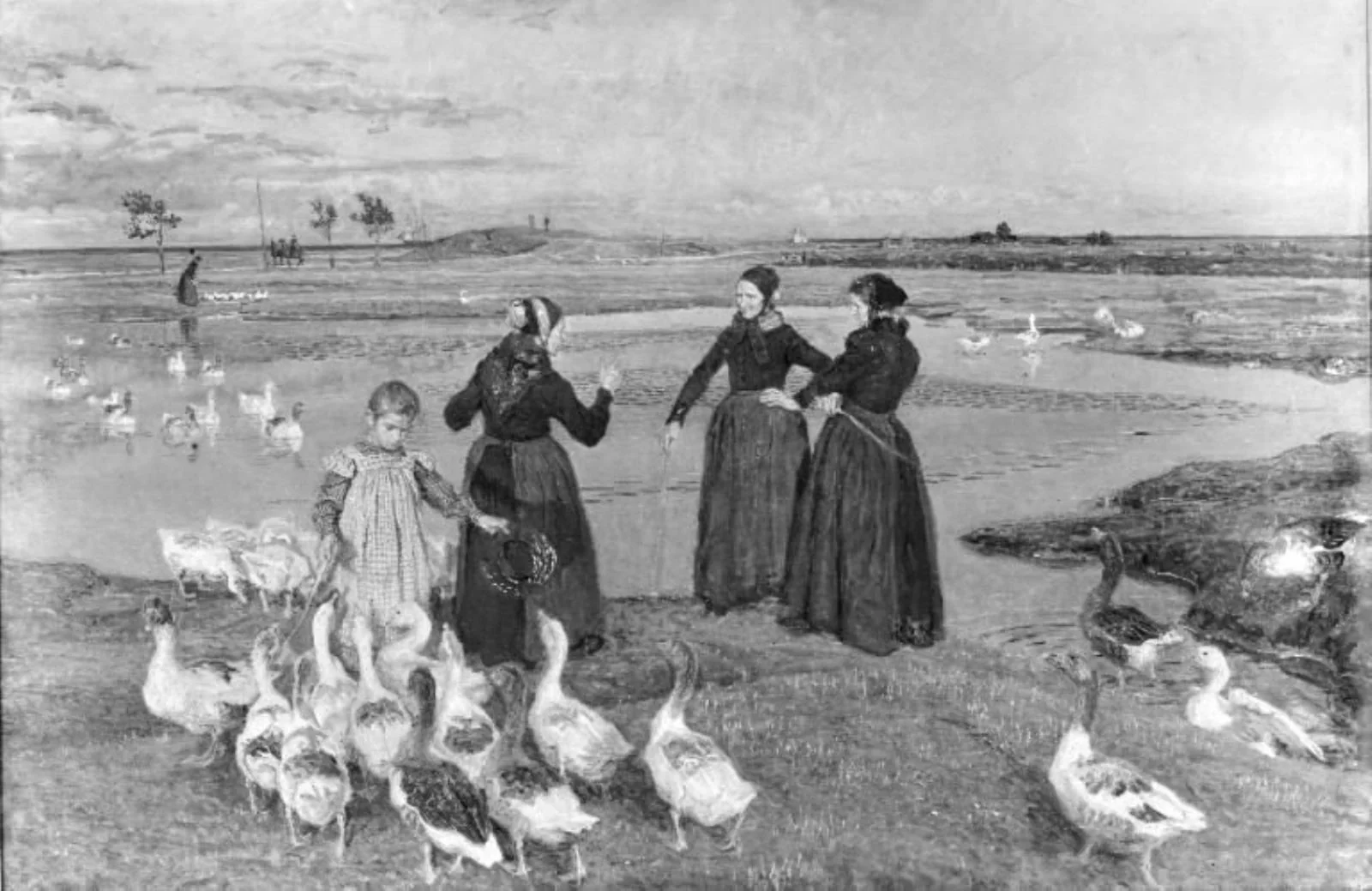 Før sol går ned. Dragør. Koner, en lille pige og gæs ved stranden, detail