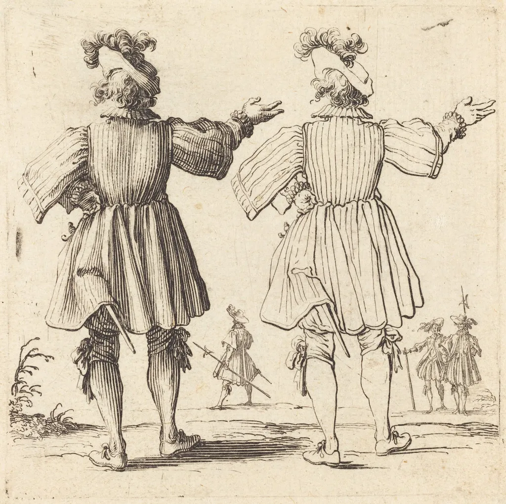 Officer with Plume, Seen from Behind, by Jacques Callot, ink, 1622