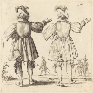 Officer with Plume, Seen from Behind, by Jacques Callot, ink, 1622