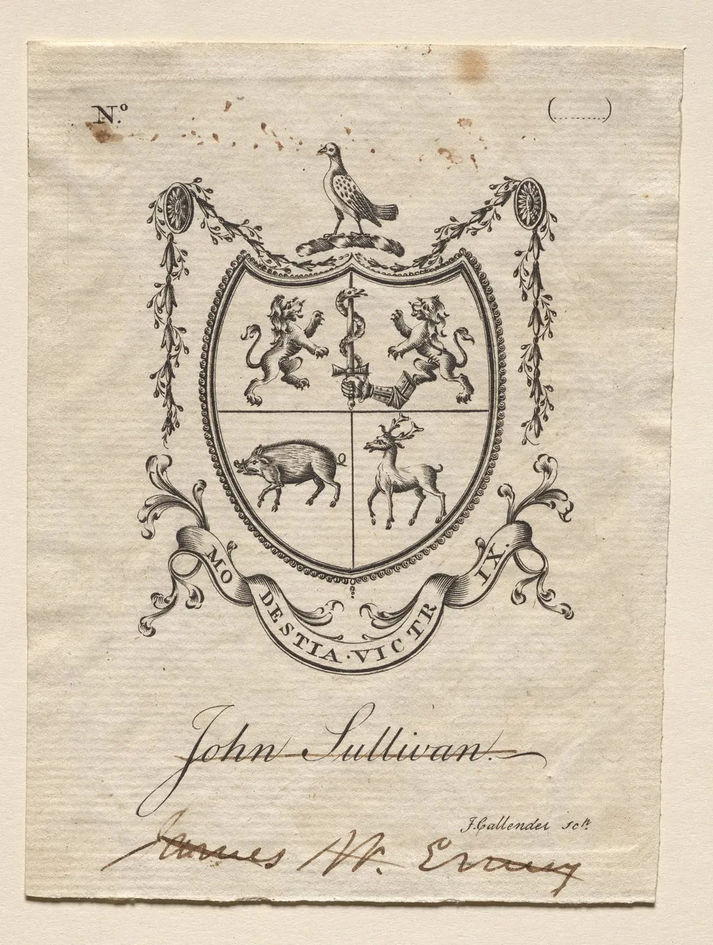 Bookplate:  Coat of Arms with John Sullivan inscribed below, by Joseph Callender, 1796