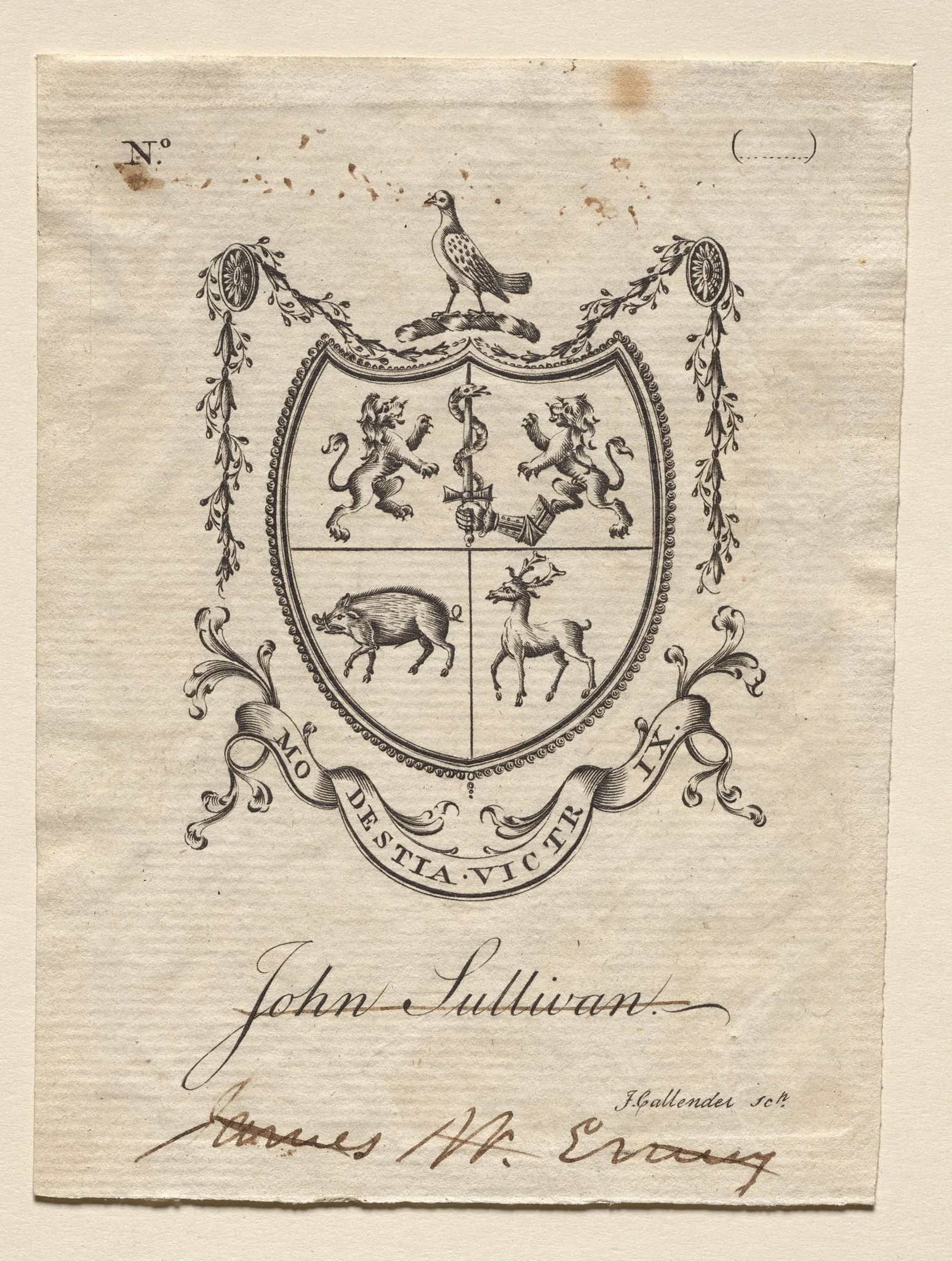 Bookplate: Coat of Arms with John Sullivan inscribed below, detail