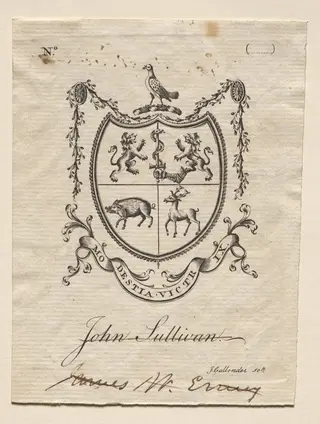 Bookplate:  Coat of Arms with John Sullivan inscribed below, by Joseph Callender, 1796