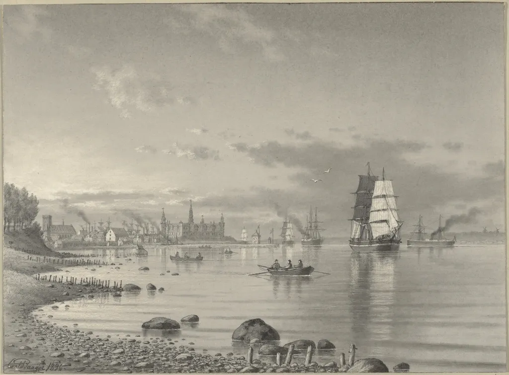 Shipping on the Oresund with Helsingor and Kronborg Castle in the Distance, by Carl Emil Baagöe, graphite, 1896