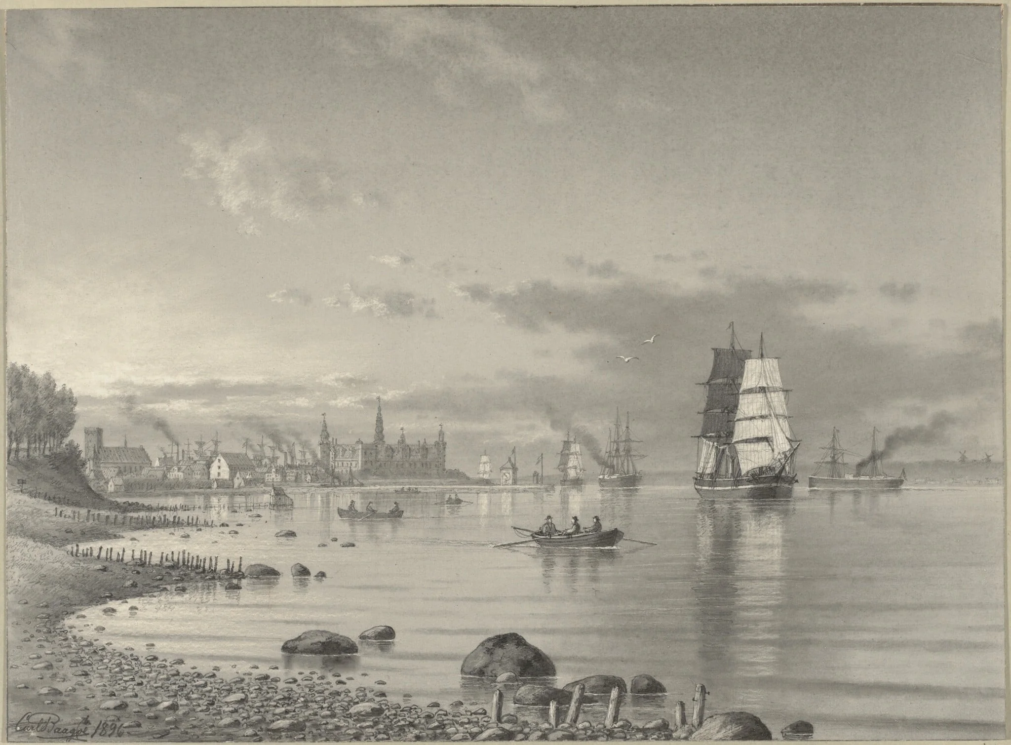 Shipping on the Oresund with Helsingor and Kronborg Castle in the Distance, detail