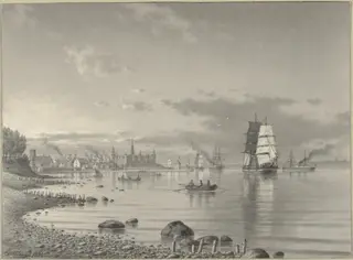 Shipping on the Oresund with Helsingor and Kronborg Castle in the Distance, by Carl Emil Baagöe, graphite, 1896