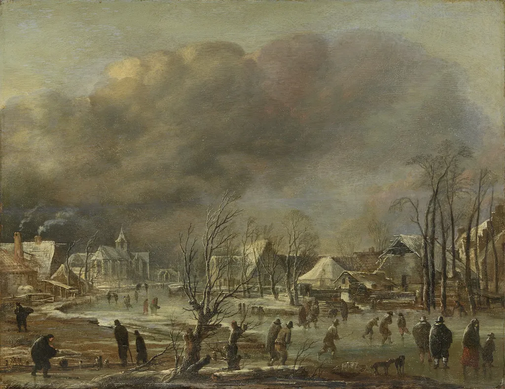 Snowfall on a village beside a frozen canal, by Aert van der Neer, oil, 1650