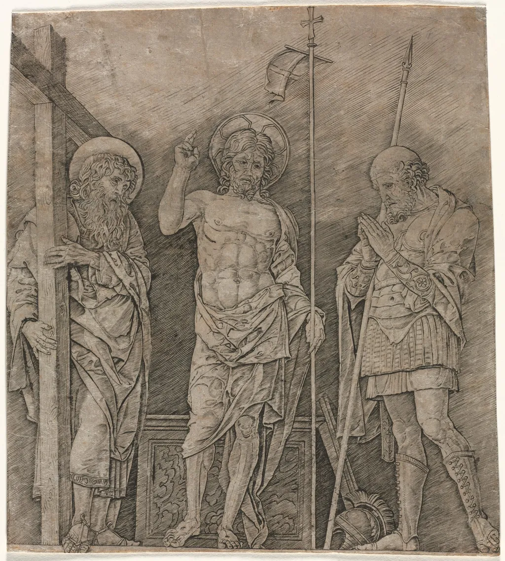 The Risen Christ between St Andrew and Longinus, by Andrea Mantegna, 1470