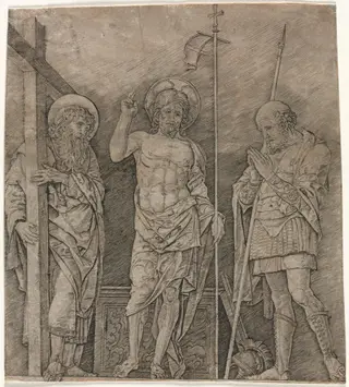 The Risen Christ between St Andrew and Longinus, by Andrea Mantegna, 1470