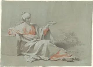 Young Woman with a Bowl, Seated Outdoors, by Johann Justin Preissler, graphite, 1733