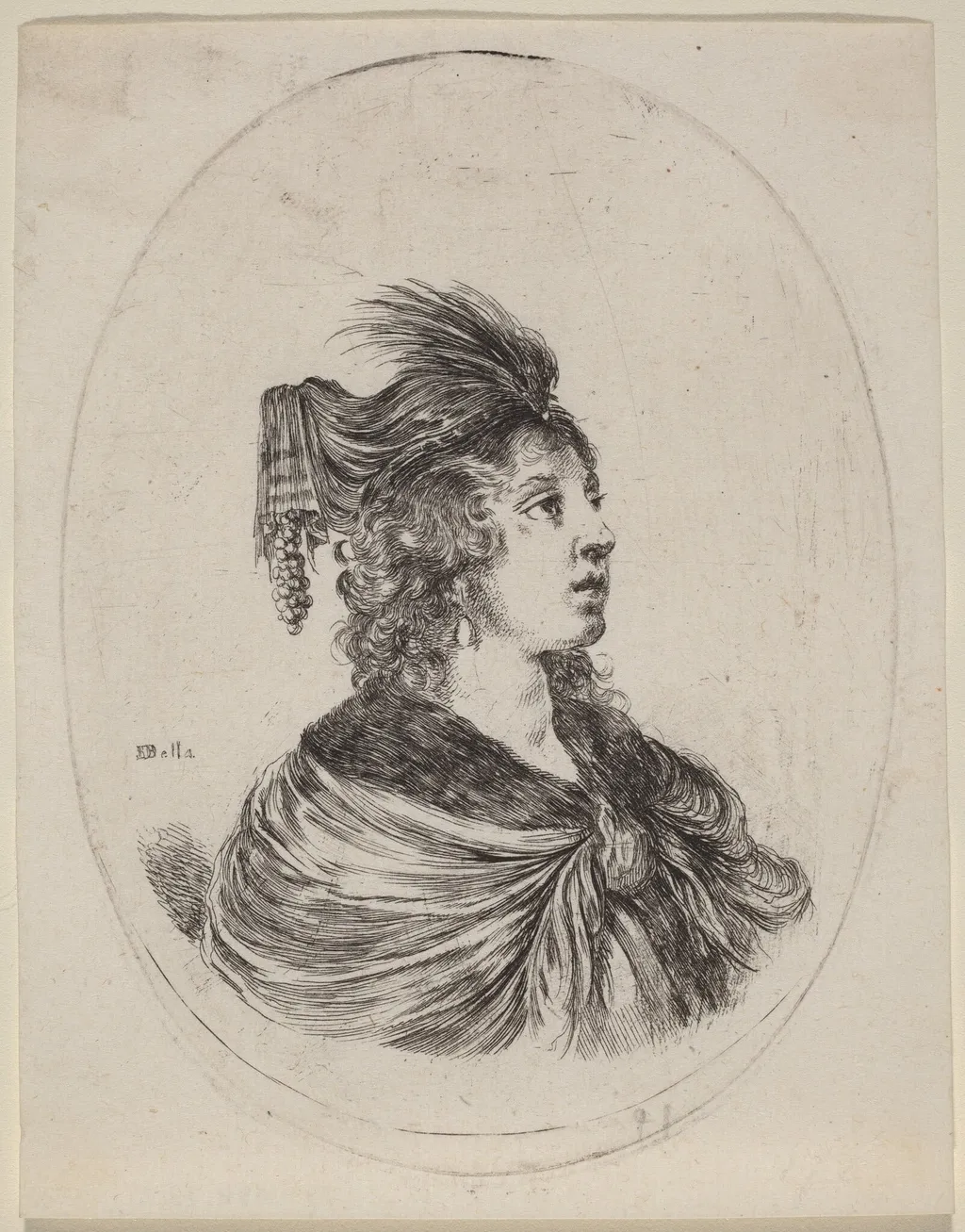 Woman in a Feathered Turban, Turned to the Right, by Stefano Della Bella, ink, 1650