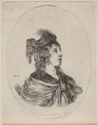 Woman in a Feathered Turban, Turned to the Right, by Stefano Della Bella, ink, 1650