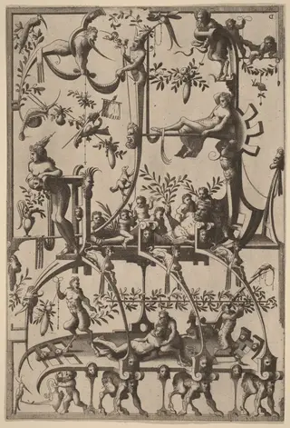 Surface Decoration, Grotesque with Strapwork, by Johannes van Doetechum the Elder, ink, 1556