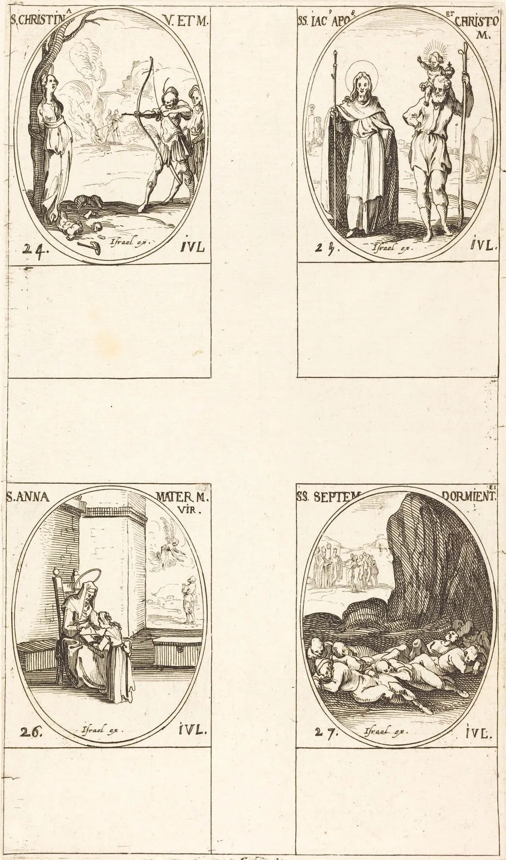 St. Christina; St. James, Apostle, and St. Christopher; St. Anne; Seven Sleepers of Ephesus, by Jacques Callot, ink, 1634