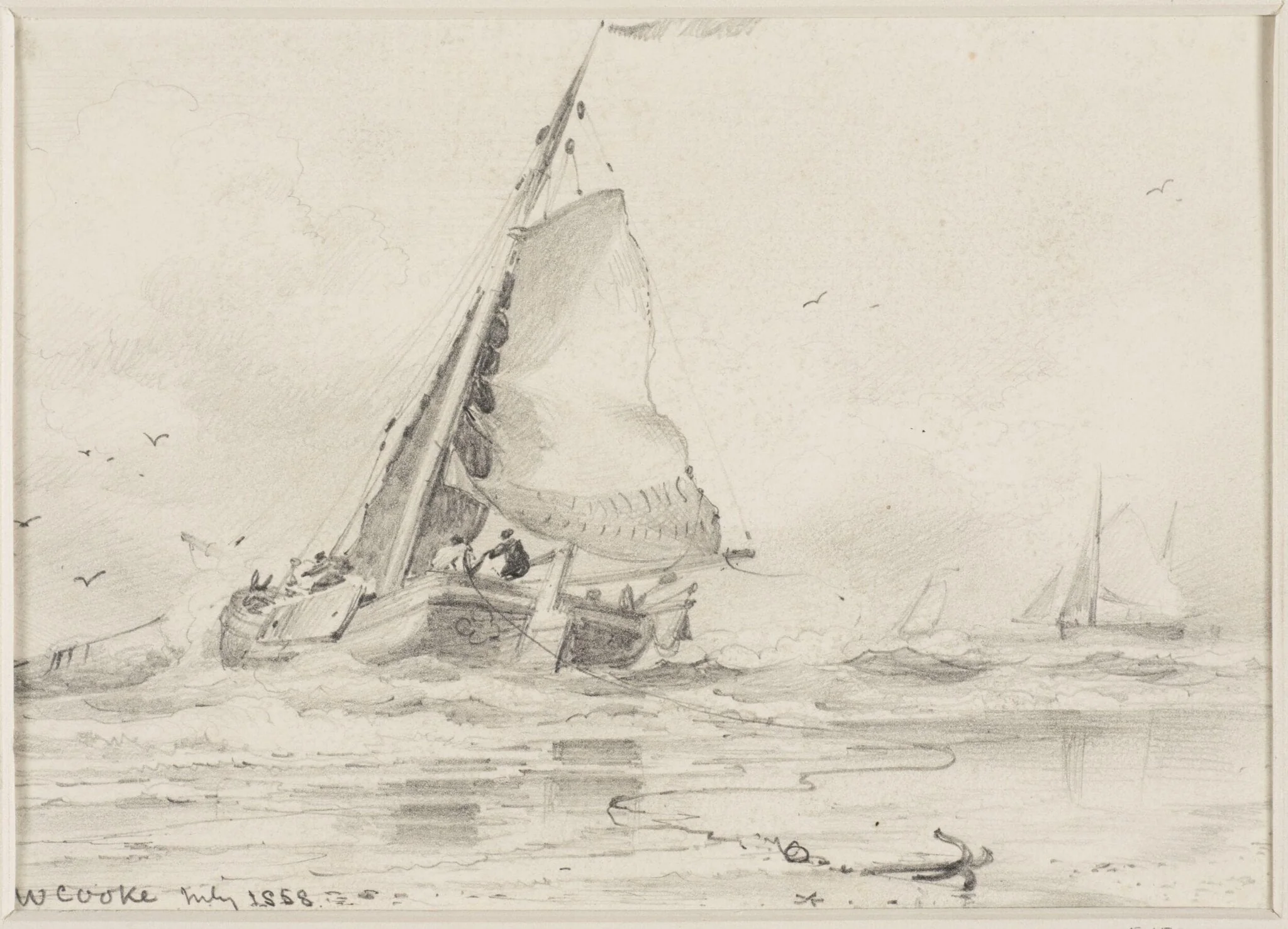 Sailing barges off shore, detail