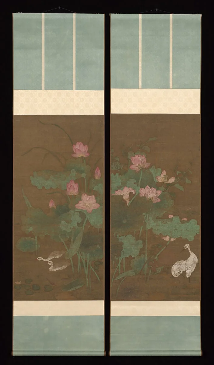 元 佚名 蓮花圖 對軸|Lotus and waterbirds, detail