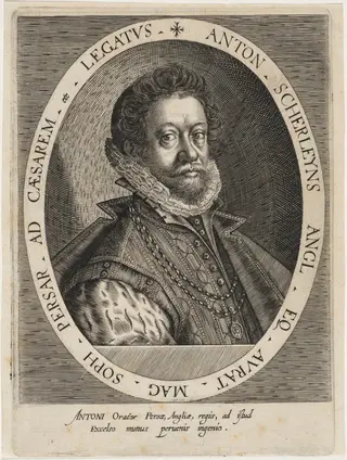 Sir Anthony Shirley, Traveler and Ambassador to Persia, by Dominicus Custos, ink, 1600