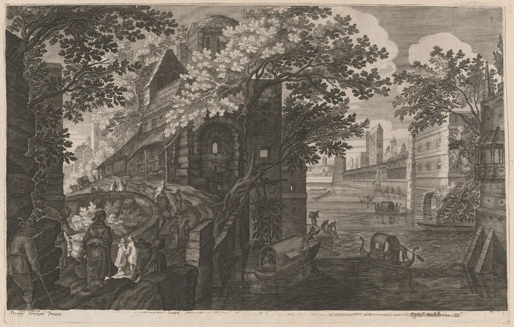 Gondolas on a River by a Palace, by Aegidius Sadeler II, ink, 1608