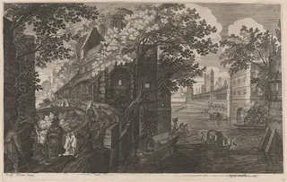 Gondolas on a River by a Palace, by Aegidius Sadeler II, ink, 1608