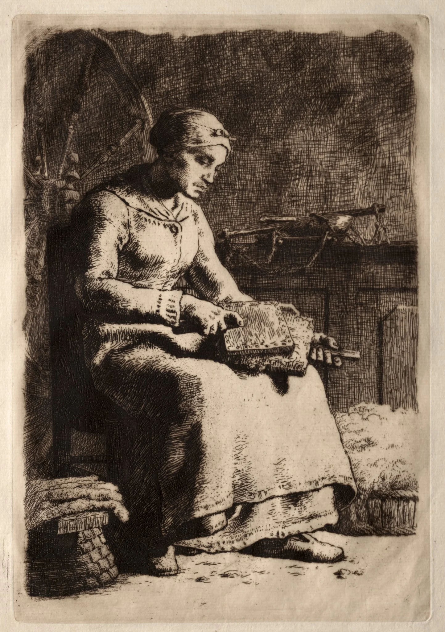 Woman Carding Wool, detail