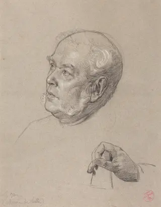 Head and Hand of a Man Throwing Dice, by Charles-Louis-Lucien Müller, chalk, 1864